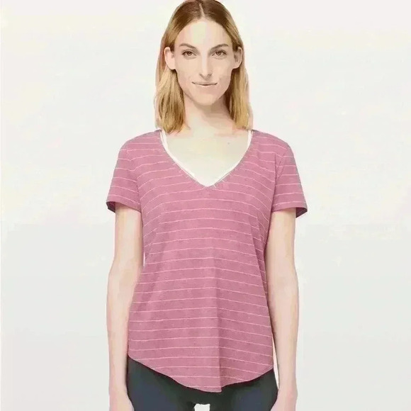 Lululemon Love Tee V Short Serve Stripe Heathered So Merlot White - Picture 3 of 10